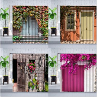 Vintage Street Scenery Shower Curtain Retro Town Wooden Doors Windows Flowers Plants landscape Farmhouse Bathroom Curtains Sets