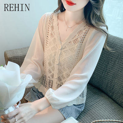 REHIN เสื้อแขนยาวคอวีสำหรับผู้หญิง,เสื้อเสื้อถักขนสัตว์แขนยาวคอวีสไตล์ใหม่สำหรับฤดูใบไม้ร่วง2023เสื้อชีฟอง