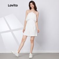 Lovito ชุดรอมเปอร์ลําลอง สายคล้องคอ แต่งระบาย L29AD038 (สีขาว)