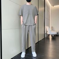 【hot seller】 casual sports suit boys thin section loose simple solid set of handsome mens straight-leg two-piece