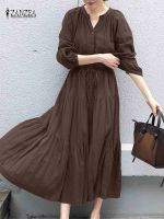 【jw】▥▦❒  ZANZEA V Neck Sleeve Sundress Robe Vestido Kaftan Belted