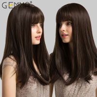 GEMMA Black Dark Brown Long Straight Bob Synthetic Wigs with Bangs Cosplay Party Daily Heat Resistant Hair Wigs for Black Women