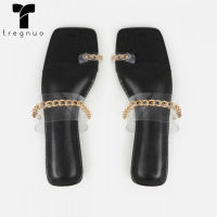 2022 Summer Flat Sandals Women Slippers Simple Metal Chain Woman Shoes Square Toe Beach Slippers Plus Size 41