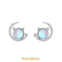 Kemstone น่ารัก S925เงินสเตอร์ลิงเงาคริสตัลเพทายแมวดวงจันทร์ดาวมูนสโตน S Tud E Arrings สำหรับผู้หญิงแสงหรูหราเครื่องประดับของขวัญ