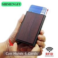 Anti-theft ID Credit Card Holder Pop Up Porte Carte RFID Slim Wood Aluminium Men Wallet Pocket Case Women Bank Debit Card Box Card Holders