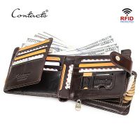 ZZOOI CONTACTS Genuine Leather RFID Wallet Men Coin Pocket Small Card Holder Vintage Short Purse Zipper Trifold Wallet Male Carteiras