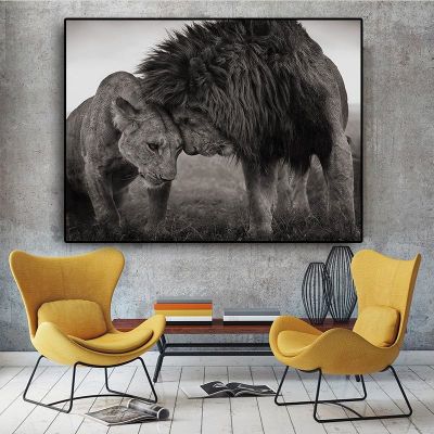 Love Kiss Between Lions Black and White Canvas Art Painting Posters and Prints Scandinavian Wall Art Picture for Living Room