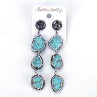 Blue Irregular Semi Precious Stone Turquoises Pendant Pave Rhinestone Beads Layered Layer Women Charms Dangle Earring For Gift