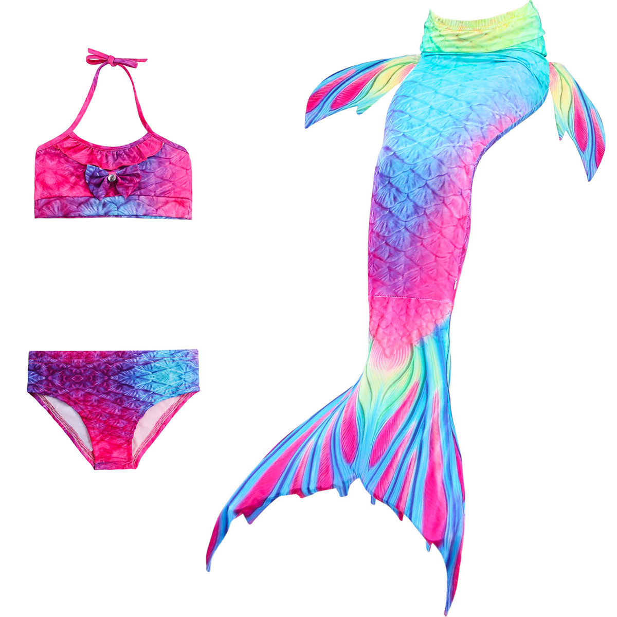 Girls Princess Mermaid Tail with Monofin Cosplay Costume Swimwear for Kids and Women 4pcs