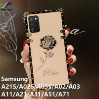 JieFie เพชร Rose สำหรับ Samsung Galaxy A21S / A02S / A03S / A04S / A02 / A03 / A11 / A21 / A31 / A51 / A71 ล่าสุด Chrome Luxury ดอกไม้ปลอกสแควร์ TPU ฝาครอบโทรศัพท์กันกระแทก