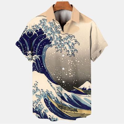 เสื้อฮาวายลำลองแขนสั้นสำหรับผู้ชายเสื้อยืดผู้หญิงมีปกพิมพ์ลาย3d เสื้อพลัสไซซ์คลื่นทะเลแบบย้อนยุคแฟชั่นฤดูร้อน