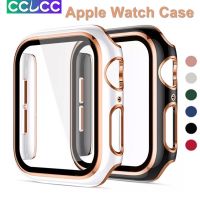 ซีซีซี Casing PC แข็งสำหรับนาฬิกา Apple ซีรีส์8 7 45มม. 41มม. 6 SE 5 4 3 2 38มม. 42มม. 44มม. 40มม. พร้อมกระจกเทมเปอร์ปกป้องหน้าจอสีคู่สำหรับสมาร์ทวอท์ช