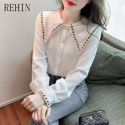REHIN เสื้อผู้หญิง2023ตัวในฤดูใบไม้ร่วง,เสื้อเชิ้ตสีพื้นแผ่นรองไหล่ดีไซน์ทันสมัยผ้ากำมะหยี่สไตล์วินเทจเสื้อแขนยาว