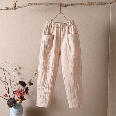 ‘；’ Fashion Cotton Linen Harem Pants Women Summer Loose High Waist Elastic Ankle-Length Pants Solid Oversize 4XL Lady Casual Pants