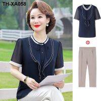 Young mother summer dress small shirt foreign style middle-aged women chiffon short-sleeved T-shirt two-piece suit fashion shirt 50 years old