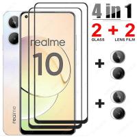 4-In-1 Realme 10 2022 Realme 10 Pro + Plus 2แก้ว + 2เลนส์กล้องถ่ายรูปกันรอยขีดข่วนกระจกเทมเปอร์ปกป้องหน้าจอฟิล์มป้องกันเต็มรูปแบบ