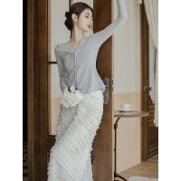 Spot parcel post Milk Series Wear Early Spring Pleating Knitted Top White Long Type Layers Camellia Skirt Lively Youthful Two-Piece Suit