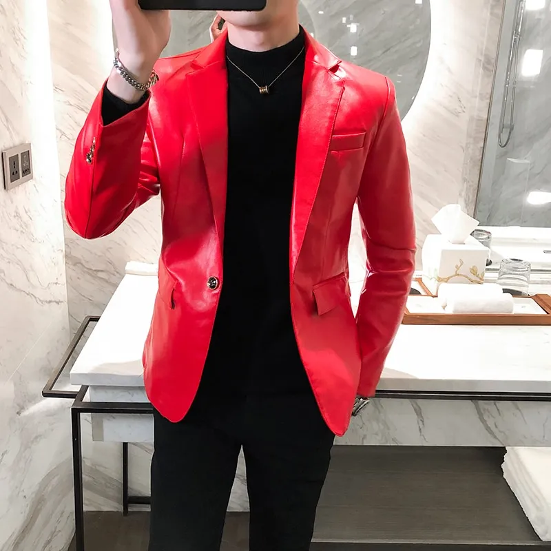 Fashion Men Business Casual PU Leather Jacket Black / White / Red Classic  Wedding Prom Party Suit Jacket Men Slim Fit Blazers 