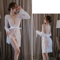 【LZ】☈∈  Lace Home Suit elegante das mulheres roupão sexy ver através do pijama feminino damas de honra camisola