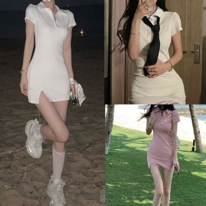 หวานสีขาวสีชมพูชุดผู้หญิงชุดโปโลบางชุดสั้นสไตล์วันหยุดชุดแขนสั้นชุดลำลองสำหรับวันหยุด