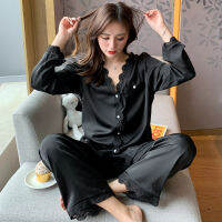 White silk like womens pajamas set autumn long-sleeved nighties palace style sleepwear set black beautiful home nighty suit