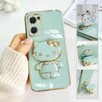 For Oppo Reno7 5G Mobile Phone Case Fashion Temperament Plating TPU Advanced Rotary Stand Makeup Mirror Hello Kitty Folding Mirror Stand Net Red New Couple Gift Soft Touch Anti slip Anti fall Protective Case