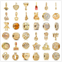 คลิปประกายลูกปัด Zirconia Gold สีครอบครัวจี้ Dangle Charm fit Pandora charms เงิน 925 สร้อยข้อมือ DIY เครื่องประดับ-Souyine