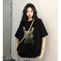 ♀♗☌ American Retro Black Cotton Short-sleeved T-shirt Womens Summer Loose Rabbit Shoulder Half-sleeved Top Thin T-shirt