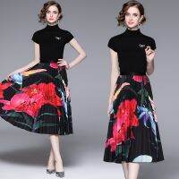 【HOT】❇卐 New 2pcs Sets Floral Print O-Neck Top Tees Shirt Blouse Pleated Skirt Suits Outfits