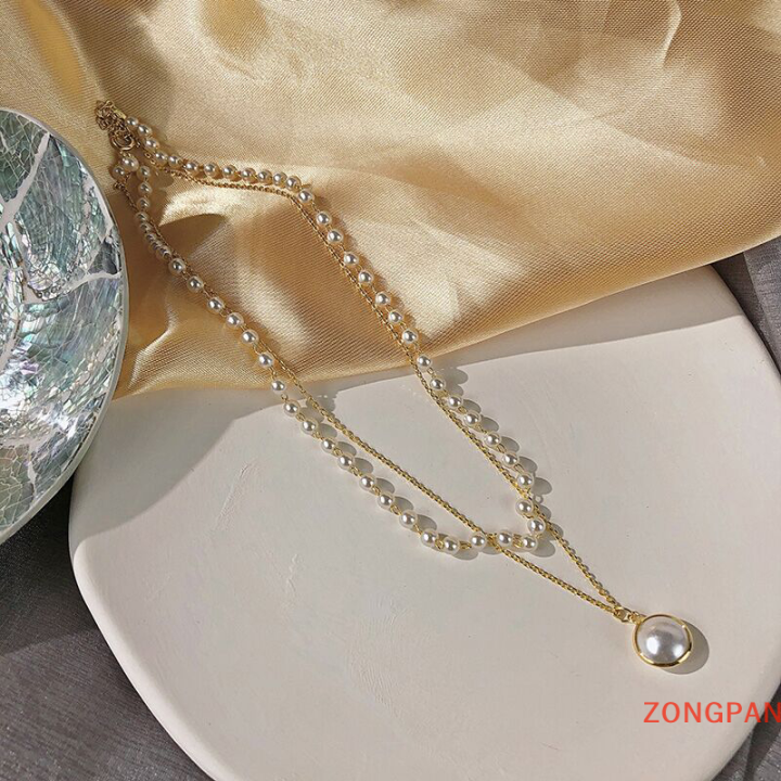 zongpan-สร้อยคอไข่มุกแฟชั่นสำหรับสุภาพสตรีสร้อยคอแบบโซ่สองชั้นที่สวยงามสำหรับเป็นของขวัญสำหรับสุภาพสตรี