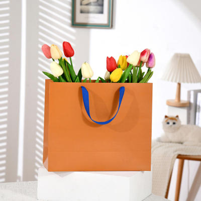Paper Bags Handheld Flower Basket Flower Basket Waterproof Wrap Bag Orange Tote Bag Kraft Pape Tote Bag Kraft Paper Orange Tote Bag