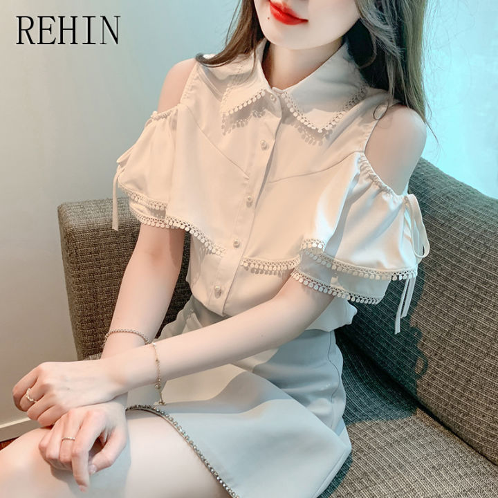 rehin-เสื้อเชิ๊ตผู้หญิง-เสื้อเชิ๊ตแขนพองแต่งระบายสไตล์ฝรั่งเศสเสื้อผู้หญิงแขนสั้นเปิดไหล่