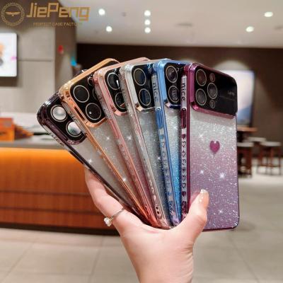 JiePeng สำหรับ iPhone 15 14 13 12 11 Pro Max PLUS โปร่งใสขนาดใหญ่หน้าต่าง electroplated ด้านข้าง Love + gradient Glitter กระดาษแฟชั่นเคสโทรศัพท์