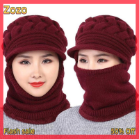 Zozo ✨Ready Stock✨ ฤดูหนาวอบอุ่นหญิงหนา windproof ขี่จักรยานหมวกถักหมวกผ้าพันคอหมวก