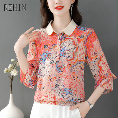 เสื้อผู้หญิง REHIN ใหม่แฟชั่นและหลากหลายลายดอกไม้พิมพ์เสื้อแขนสั้นขนาดบวกเสื้อชีฟอง M-4XL