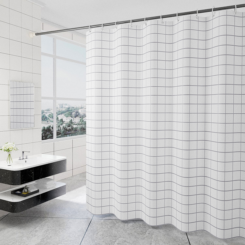 Grey 180 x 180 cm WELTRXE Shower Curtains Jacquard Grid Polyester Fabric Shower Curtain Waterproof Mildewproof Shower Liner for Bathroom with 12 hooks 