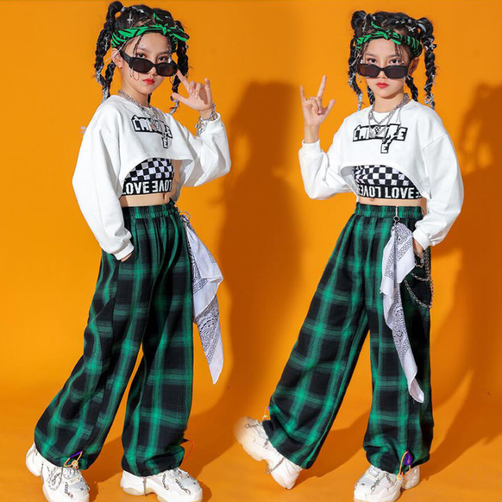 เด็ก-kpop-hip-hop-เสื้อผ้าสีขาว-crop-top-แขนยาว-t-เสื้อ-teestreetwear-checkered-กางเกงสำหรับสาวแจ๊สแดนซ์เครื่องแต่งกาย-clothes
