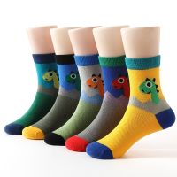 5pairs Boys Casual Thin Cute Cartoon Dinosaur Print Socks, Mesh Breathable Cotton Crew Socks For Spring And Summer