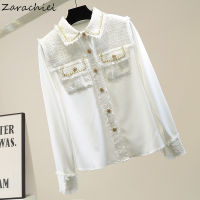 2022 Fashion Designer Tweed Patchwork Chiffon Shirt Blouse Women Vintage Long Sleeve Gold Chain Pearls Weave Tassels Pocket Tops