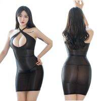 Women Haler Glossy Bodycon Bandage Mini Dress Cut Out Bust See Through ClubWear Outfit with Thong