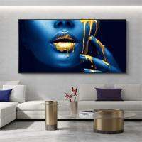 Gold Lips ผู้หญิงแอฟริกันผ้าใบภาพวาด Wall Art โปสเตอร์และพิมพ์ครึ่งหน้าสีดำสาวรูปภาพสำหรับตกแต่งห้องนั่งเล่น