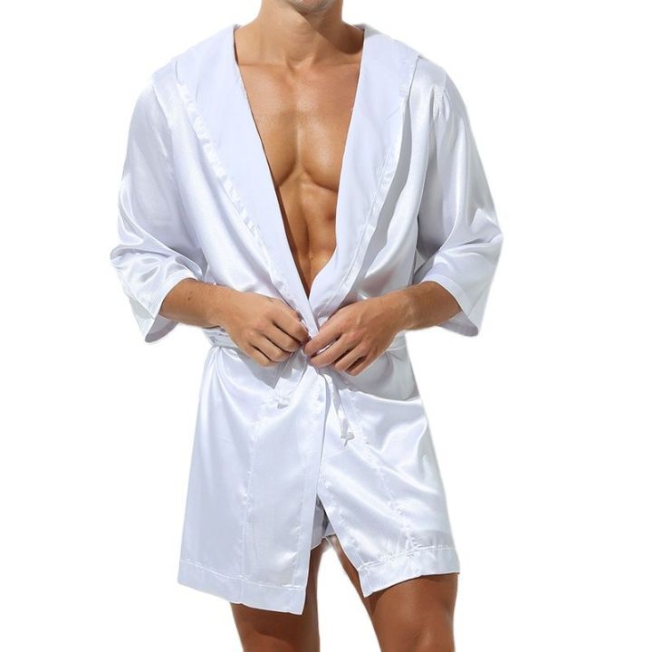 ชุดนอนชายเสื้อคลุมอาบน้ำกิโมโนผ้าไหมชุดนอนมีฮู้ด-ชุดนอนแขนสั้น