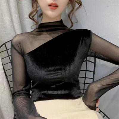 Splicing Bottom Shirt ผู้หญิงฤดูใบไม้ผลิตาข่ายรัดรูปเสื้อยืดแขนยาวผู้หญิงเวอร์ชั่นเกาหลีอารมณ์ร้อยด้านบน