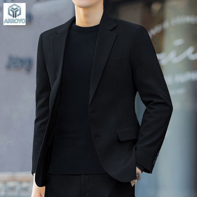 ARROYO ชุดสูทลำลองสำหรับผู้ชาย,เสื้อสูททรงสลิมฟิตสไตล์เกาหลีสีพื้นอินเทรนด์เสื้อสูททางการธุรกิจสีดำ