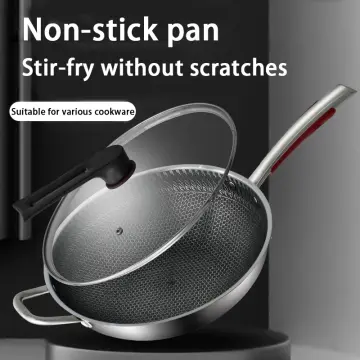 Non Stick Double Sided Honeycomb Cooking Frying Wok Pan with Lid Stainless  Steel