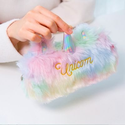 【CC】℗♀  Color Faux Fur Unicorn Wallet Storage Stationery Pencilcase Handbag Purse