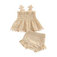 Toddler Baby Girls Summer Outfit Solid Color Cutout Pleated Tank Tops and Stretch Casual Ruffle Shorts 2Pcs Set  by Hs2023