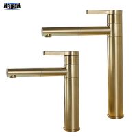 【hot】 Brushed Gold Rotatable Basin Faucet Round Hot   Cold Mixer