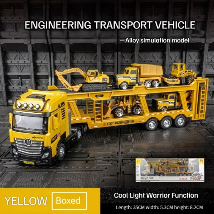 car-model-alloy-engineering-transport-vehicle-simulation-double-decker-trailer-truck-contain-bulldozer-dump-truck-mixer-roller