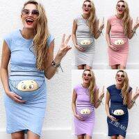 [COD] European and spring summer womens maternity dress round neck printed short-sleeved casual MI1383